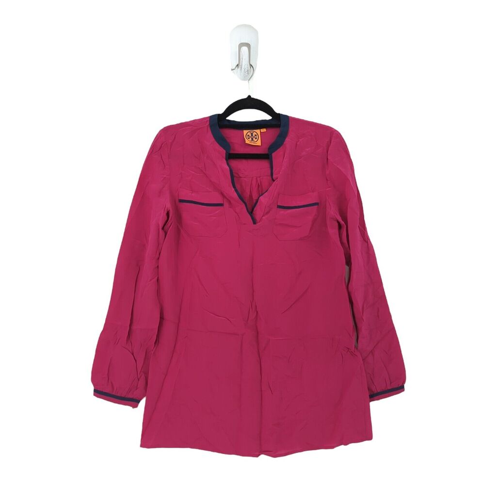 Tory Burch Women 6 Blouse Magenta Pink Contrast Long Sleeve V Neck Silk FLAW